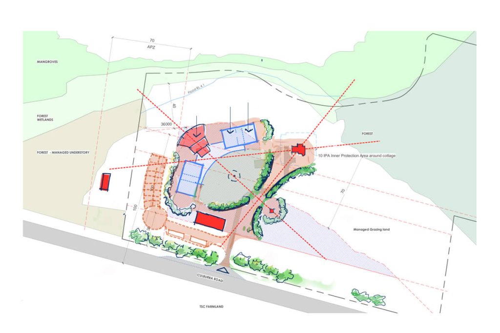 Early concept sketch defined axes and established a  respectful relationship with existing structures 